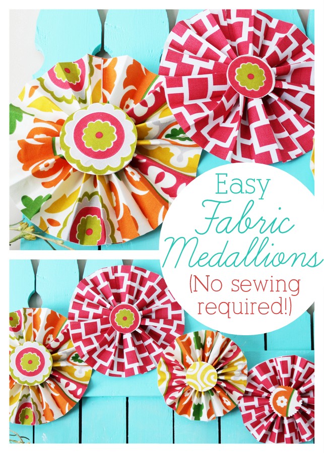 A tutorial for how to make pretty medallion rosettes from your favorite fabrics. No sewing required!
