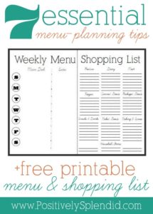 Part 2 in the terrific meal-planning series from Positively Splendid: 7 Essential Meal-Planning Tips. She even provides a free menu and shopping list!