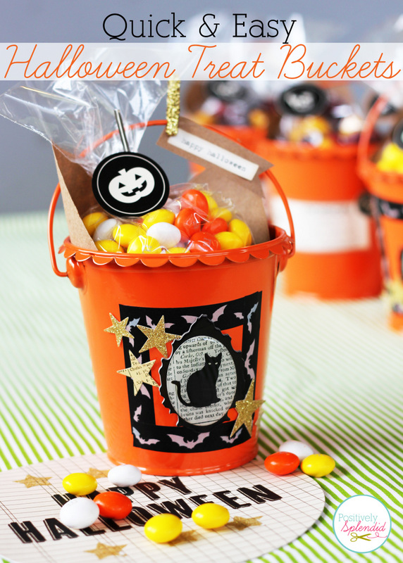 These Halloween treat buckets at Positively Splendid can be made in minutes! So perfect for class parties, neighbor gifts, and more!