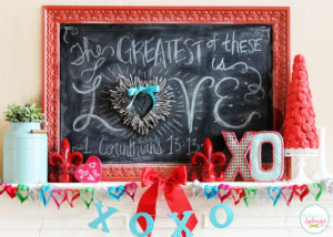 Lovely Valentine's Day mantel at Positively Splendid. This chalkboard art is so pretty!
