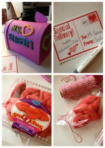 Mailbox treat boxes with free printable Valentine's Day postcards. Filled with ready-made bakery items, these are an easy last-minute Valentine's Day idea for teachers, neighbors and more! #bakerybecause