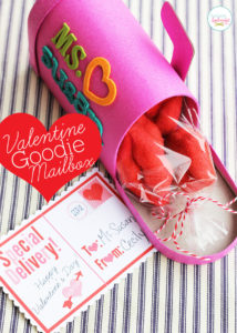 Mailbox treat boxes with free printable Valentine's Day postcards. Filled with ready-made bakery items, these are an easy last-minute Valentine's Day idea for teachers, neighbors and more! #bakerybecause