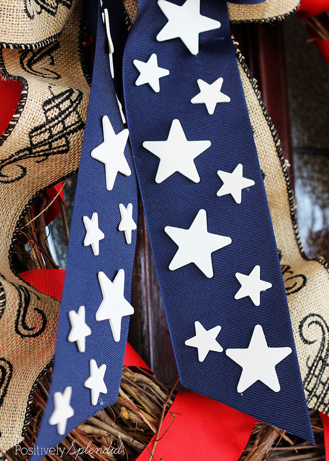 Embellish navy grosgrain ribbon with painted wooden stars. Great idea!