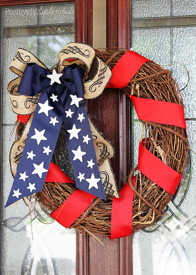 Lovely patriotic wreath at Positively Splendid. Perfect for displaying all summer long!