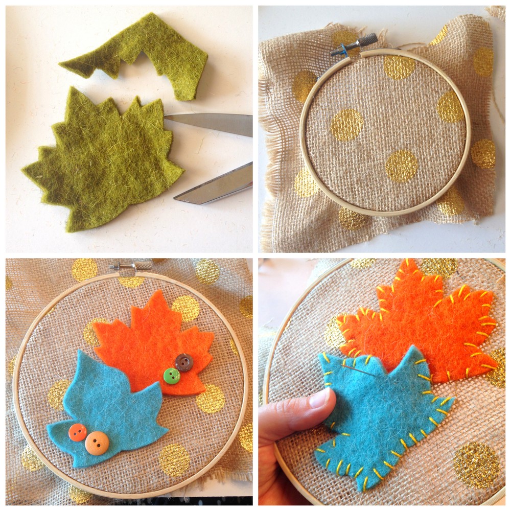 Felt leaf embroidery hoop art by Positively Splendid. Adorable and easy fall decor! #falldecor #fall #crafts #leaves #diy