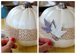Decorate plain white pumpkins with burlap ribbon and paper embellishments. So simple! #MichaelsMakers