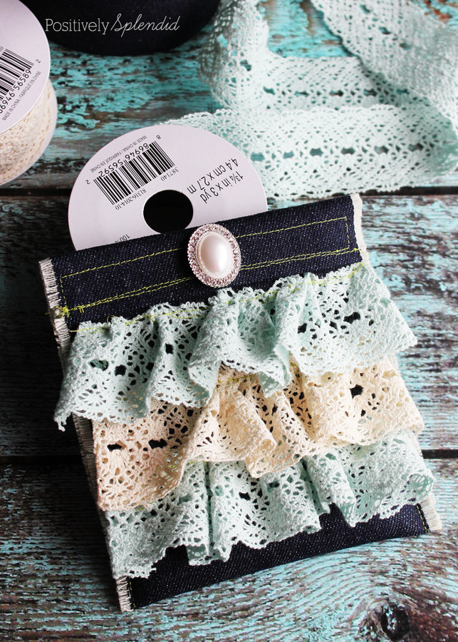 Denim and Lace Ruffled Pouch Tutorial from Positively Splendid #MichaelsMakers