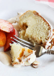 Fresh Peaches and Cream Cake. Moist cake filled with chopped fresh peaches and a ribbon of cream cheese filling, and topped off with peach-cream cheese frosting. Delicious!