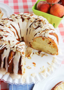 Fresh Peaches and Cream Cake. Moist cake filled with chopped fresh peaches and a ribbon of cream cheese filling, and topped off with peach-cream cheese frosting. Delicious!