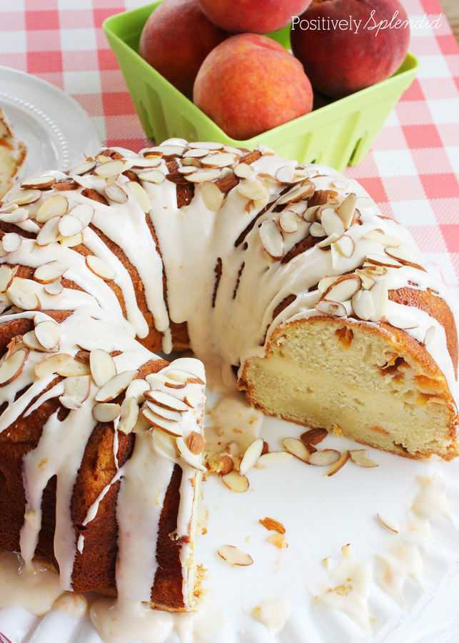 Fresh Peaches and Cream Cake. Moist cake filled with chopped fresh peaches and a ribbon of cream cheese filling, and topped off with peach-cream cheese frosting. Delicious!