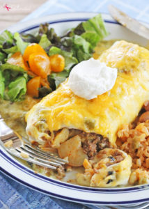 Green Chile Smothered Burrito Recipe. This beef and potato filling is absolutely delicious!