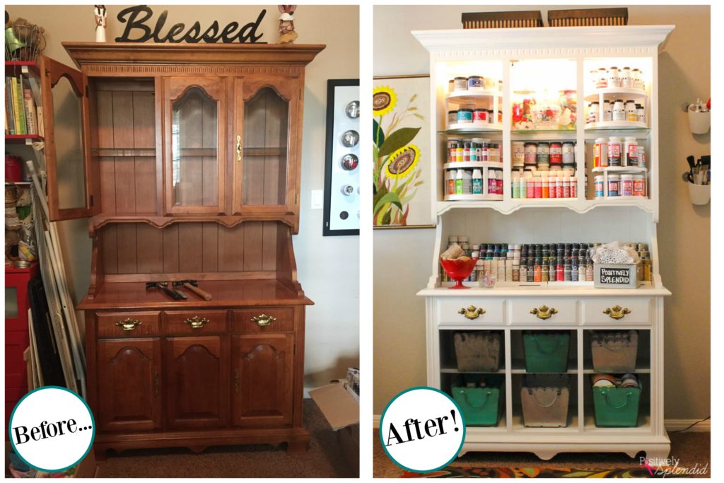 Turn an outdated hutch into a craft supply storage center