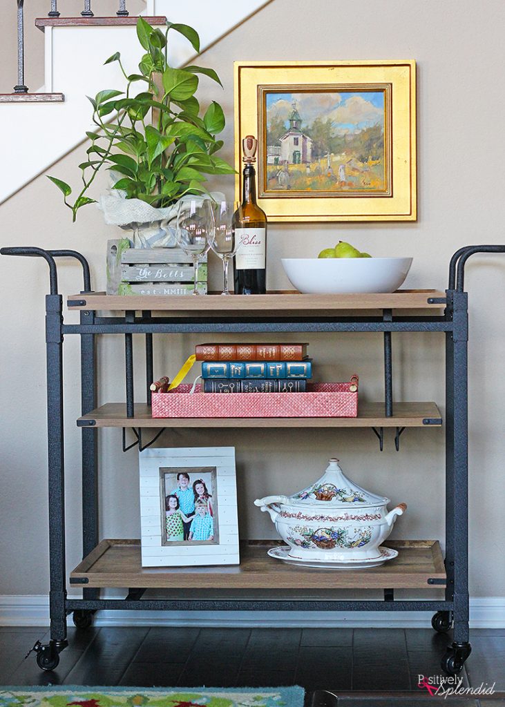 Farmhouse chic bar cart display by Positively Splendid. Beautiful and functional! #BHGLiveBetter