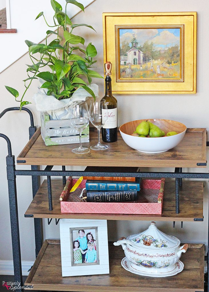Farmhouse chic bar cart display by Positively Splendid. Beautiful and functional! #BHGLiveBetter