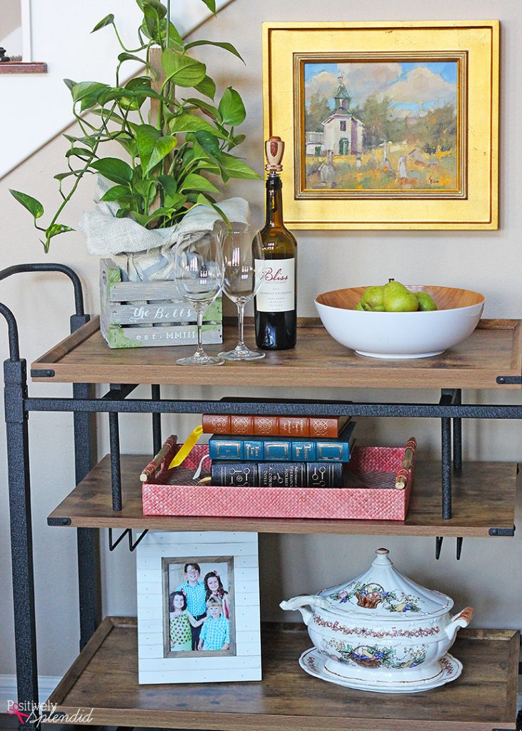 Farmhouse chic bar cart display by Positively Splendid. Beautiful and functional! #BHGLiveBetter