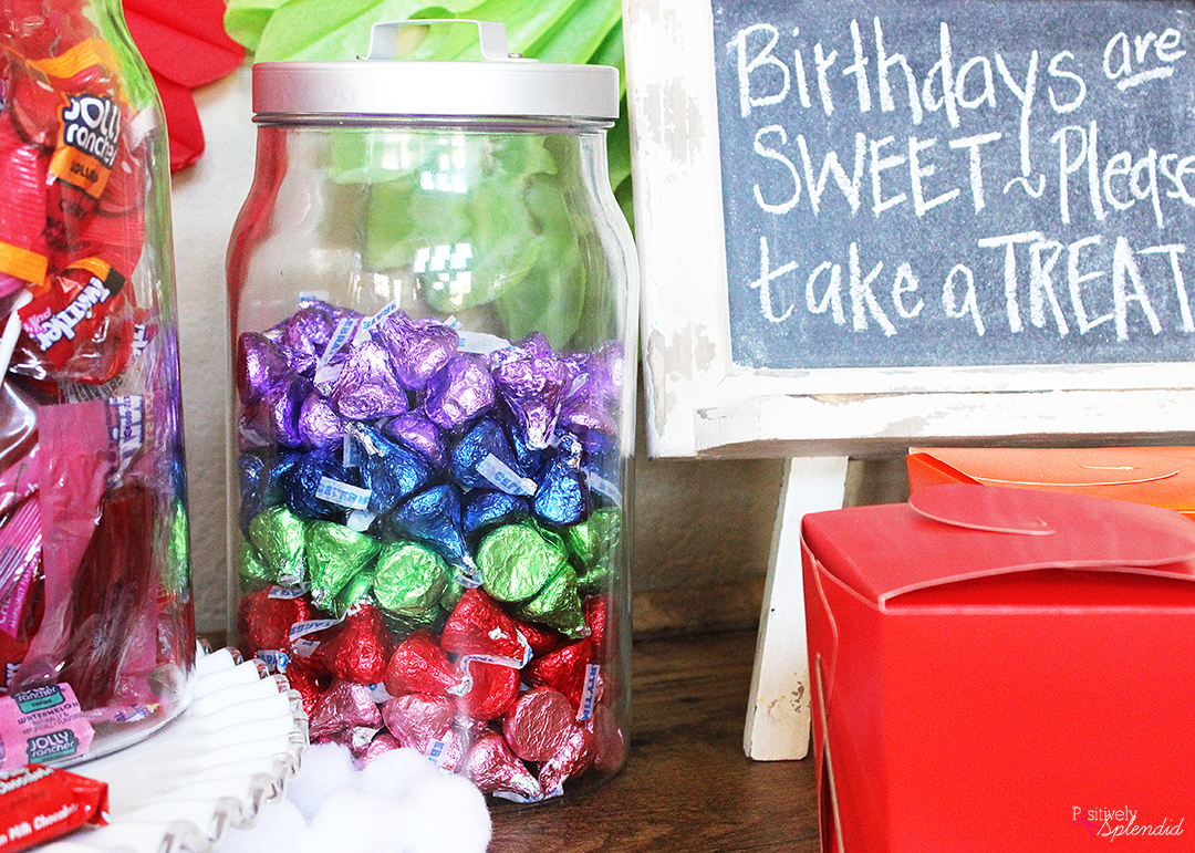 Such a fun kids' birthday party idea! Set up a candy buffet so kids can fill up a box to take home after the party. #LetsBirthday