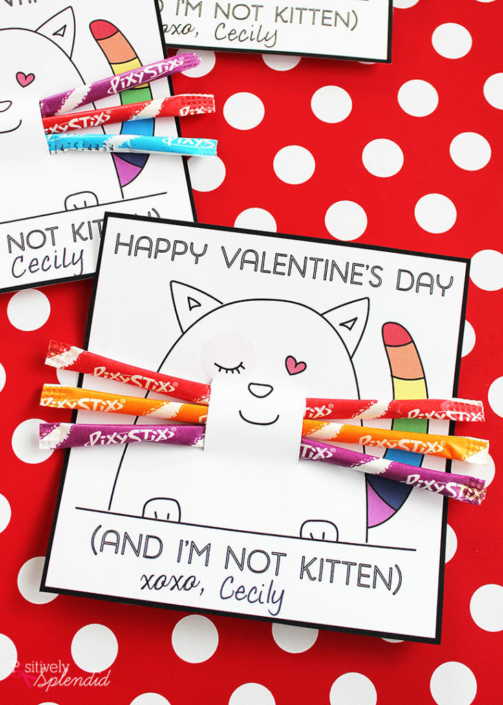 Absolutely adorable free kitten valentine printables from Positively Splendid. The Pixy Stix whiskers are perfect!