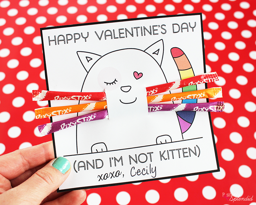 Absolutely adorable free kitten valentine printables from Positively Splendid. The Pixy Stix whiskers are perfect!