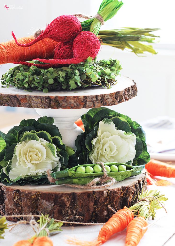 Spring Centerpiece with Tiered Wood Cake Stand